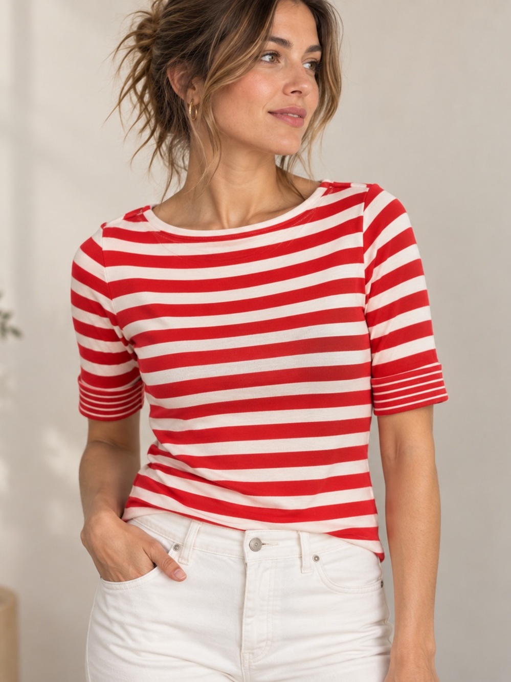 Lauren Ralph Lauren Red White Striped Boatneck Cotton Top